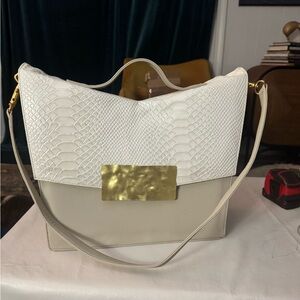 Cream & White Shoulder Bag with Gold Plate Accent